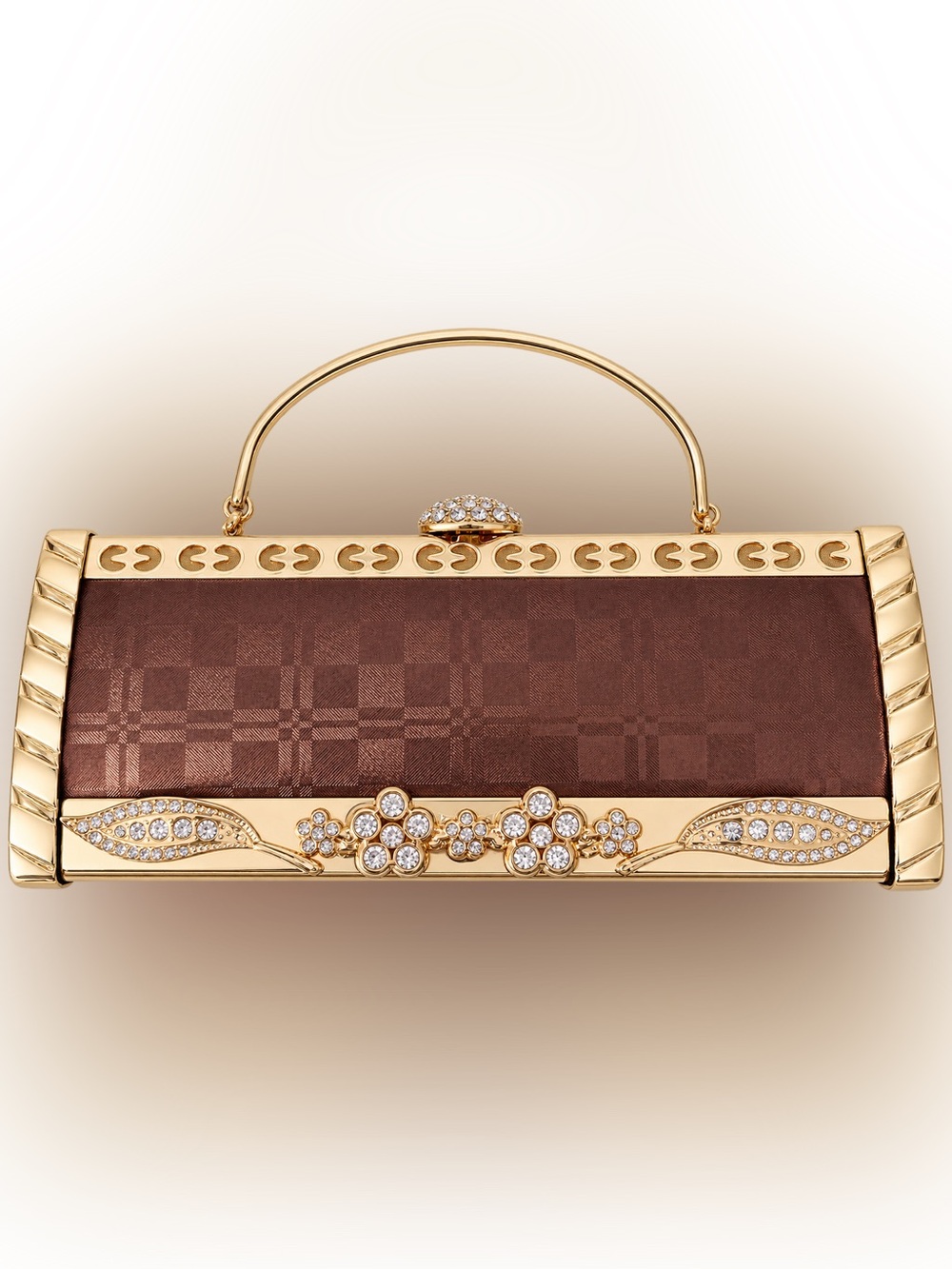 Elegant Brown Evening Clutch with Gold Floral Accents and gold strap